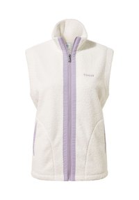 White fleece vest with a high collar and lavender zipper. Features side pockets and subtle branding on the front. Soft texture.
