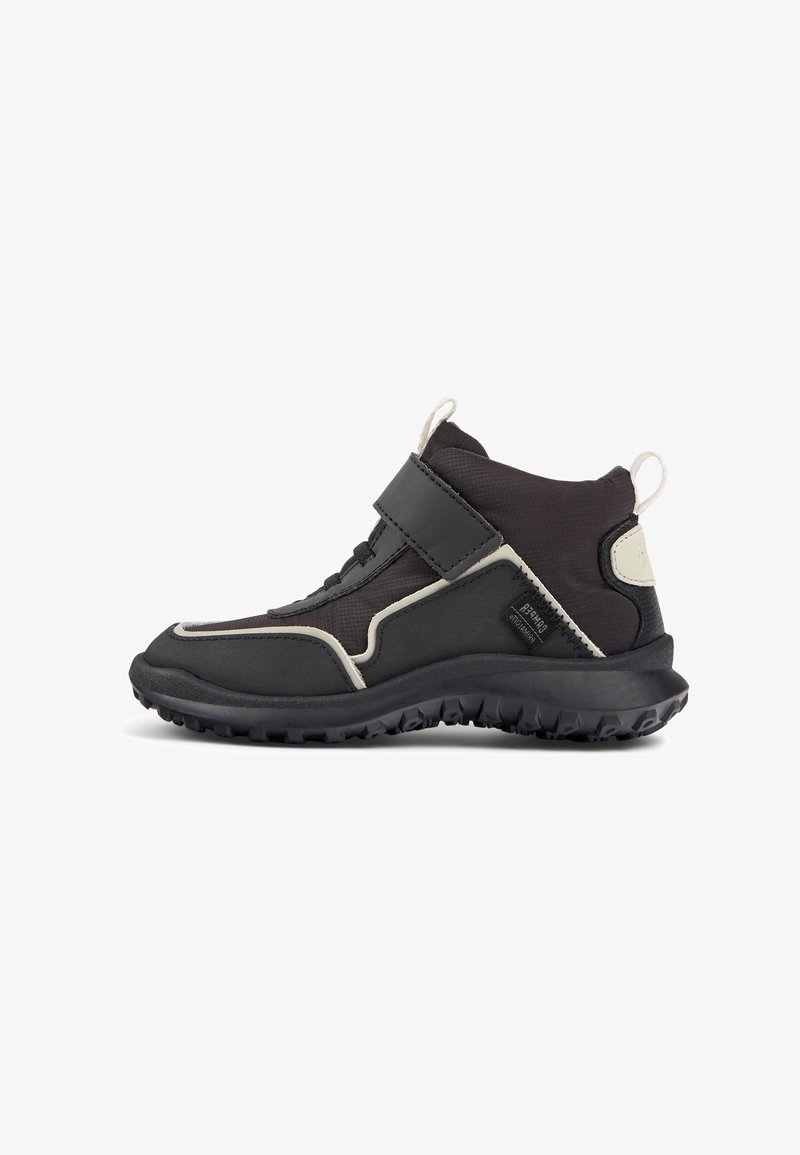 Black ankle-high shoes with a textured fabric upper, rubber soles, elastic laces, and a velcro strap, featuring a contrasting light gray trim.