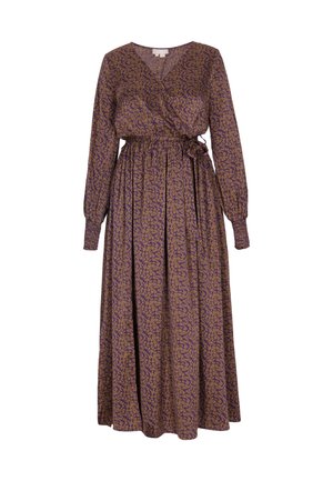 Langes lila Kleid mit floralem Muster in Gold. Verfügt über ein Wickeldesign, lange Ärmel und einen gebundenen Taillengürtel für eine definierte Silhouette.