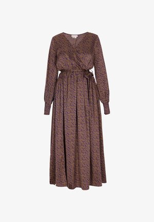 Lange paarse jurk met een bloemenpatroon in goud. Heeft een wikkelontwerp, lange mouwen en een strikceintuur voor een gedefinieerde silhouette.