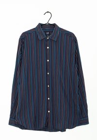 Långärmad skjorta med knappar i marinblått med vertikala ränder i röd och blå. Har en krage och vita knappar fram.