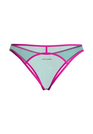 Sous-vêtement bikini en maille bleu clair avec des bordures rose vif et un petit logo imprimé centré sur la ceinture avant.