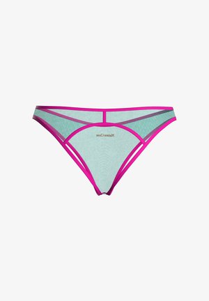 Sous-vêtement bikini en maille bleu clair avec des bordures rose vif et un petit logo imprimé centré sur la ceinture avant.