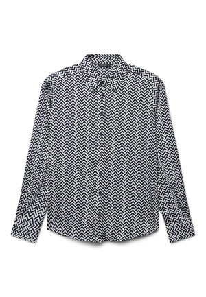 Camicia con bottoni caratterizzata da un motivo a zigzag bianco e nero, maniche lunghe, colletto standard e orlo arrotondato.