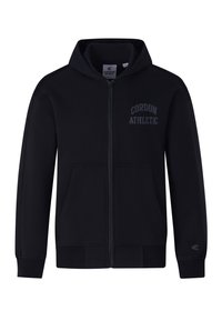 Schwarze Zip-Hoodie aus weichem Material mit Kapuze, auf der obersten linken Seite mit "CORDON ATHLETIC" in dunkelgrau bedruckt und zwei Vordertaschen.