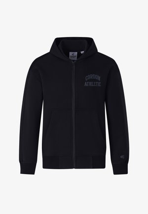 Schwarze Zip-Hoodie aus weichem Material mit Kapuze, auf der obersten linken Seite mit "CORDON ATHLETIC" in dunkelgrau bedruckt und zwei Vordertaschen.