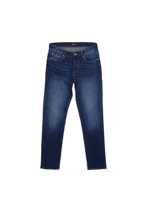 Ciemnoniebieskie dopasowane jeansy z przednimi kieszeniami, szlufkami na pasek i zapięciem na guzik, z delikatnym blaknięciem na udach.