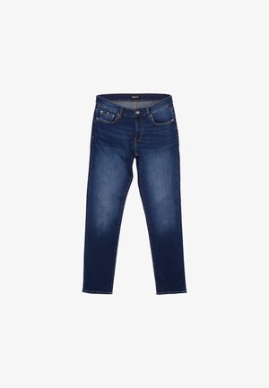 Ciemnoniebieskie dopasowane jeansy z przednimi kieszeniami, szlufkami na pasek i zapięciem na guzik, z delikatnym blaknięciem na udach.