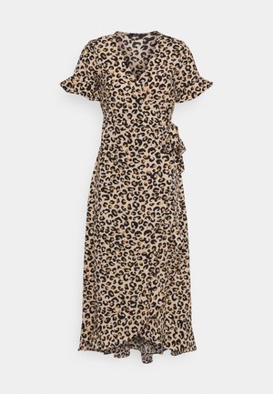 Midi sukienka o kopertowym kroju z krótkimi, falującymi rękawami, w panterkę w kolorach beżowo-czarnych oraz z wiązaniem po bokach.