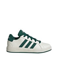 White synthetic sneakers with green accents, featuring three green stripes, round toe, lace-up design, and textured rubber sole.