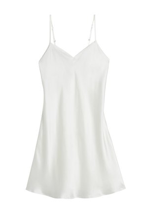 Bílá saténová kamaržová s nastavitelnými ramínky, výstřihem do V a rozšířeným lemem. Hladká textura, lehká látka, minimalistický design.