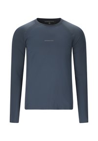 Chemise de sport à manches longues bleu foncé avec le logo "ENDURANCE" centré sur la poitrine et sur le col intérieur.