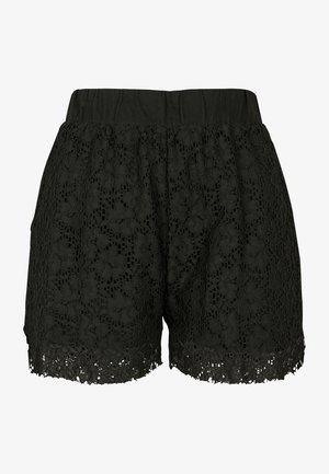 Svarte blondeshorts med et teksturert blomsterdesign, med en bred elastisk midjebånd og bølget kant nederst.