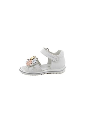 Sandalo bianco per bambino con cinturini in velcro, decorato con piccole applicazioni floreali rosa, gialle e bianche sulla cinghia frontale.