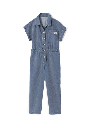 Short-sleeve blue and white vertical striped cotton jumpsuit with front buttons, collar, and chest pocket.