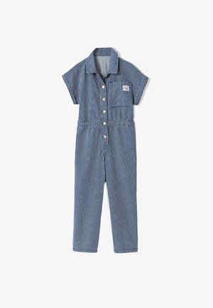 Kurzärmliger, blau-weiß gestreifter Baumwoll-Overall mit Knöpfen vorne, Kragen und Brusttasche.