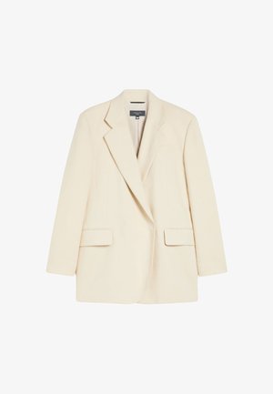 Cremefarvet skræddersyet blazer med klapkrave, to forlommer og en enkeltknaplukning. Fremstillet af en glat og struktureret stof.