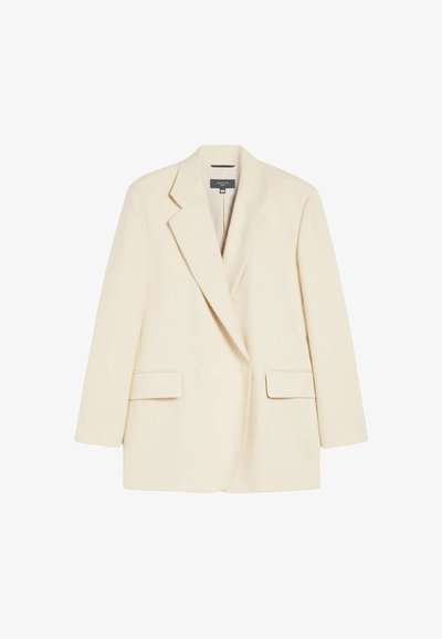 Krēma krāsas piegriezuma žakete ar atlocītu apkakli, divām priekšējām kabatām un vienu pogu aizdari. Izgatavota no gludas, strukturētas auduma.