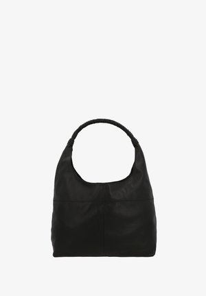 Sac à bandoulière en cuir noir avec une texture douce et lisse, une large ouverture et une anse tressée. Dispose de deux poches avant pour le rangement.