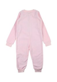 Grenouillère en polaire rose à manches longues, avec des poignets froncés et une couture droite au dos. Texture douce et design uni sans motifs supplémentaires.