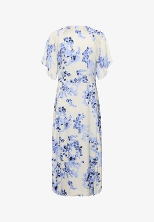 Rochie midi albă cu mâneci scurte evazate, cu un model floral albastru și negru și talie ajustată.