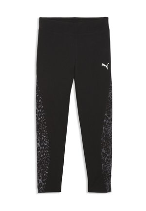 Sorte Puma leggings med mørkegrå leopardprintpaneler på siderne og en hvid Puma-logo på øverste venstre lår.