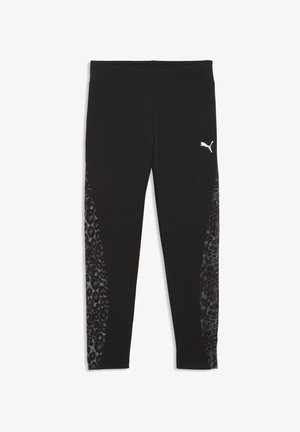 Czarne legginsy Puma z ciemnoszarymi panelami w lamparta na bokach i białym logo Puma na górnej lewej części uda.
