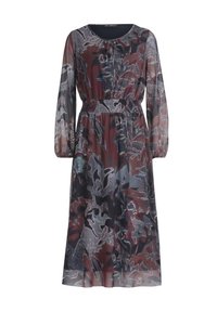 Långärmad klänning i lätt, genomskinligt tyg med ett flerfärgat abstrakt mönster i mörkröda, blå och grå toner, med ett elastiskt midjeband.
