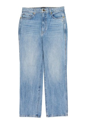Light blue denim jeans with a straight leg cut, button and zipper closure, and five-pocket design on a white background.