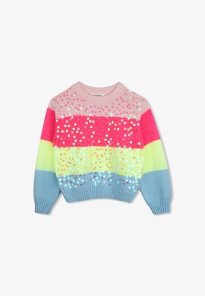 Børns strikkede sweater med brede, vandrette striber i pink, rød, gul og blå, dekoreret med spredte skinnende palietter.
