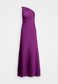 Offshoulder aftonklänning i solid lila satin, med en snodd axel detalj, flöde maxi längd, och slät, glänsande textur.
