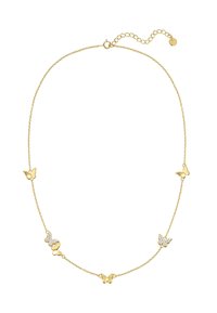 Zlata verižica za vrat z motivi metuljev, nekateri okrašeni s prozornimi kristali. Prilagodljiva dolžina s sponko in podaljšanjem.