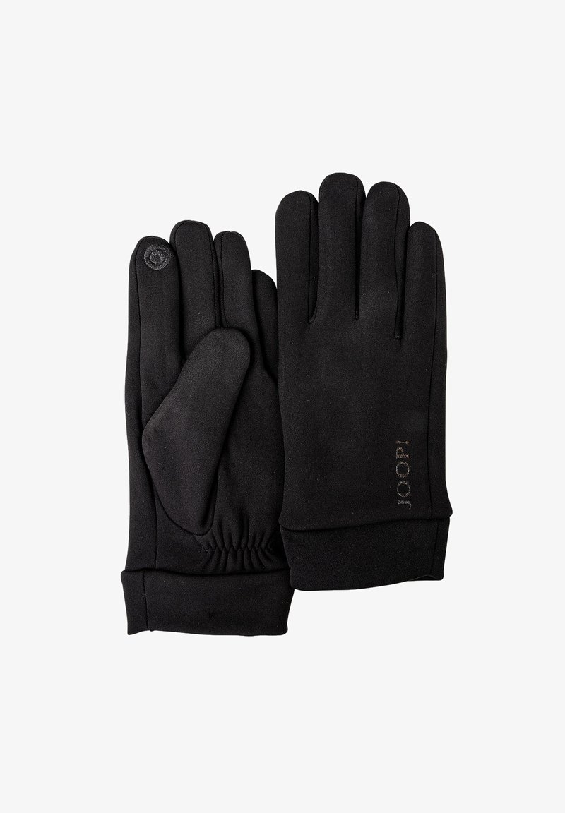 Gants noirs en tissu doux, dotés d'une texture lisse, d'un design à cinq doigts, d'un poignet élastique et d'un détail de logo de marque sur un gant.