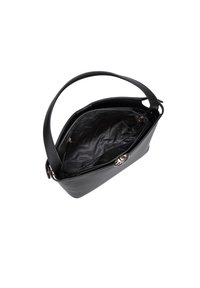 Sac à main en cuir noir avec une fermeture éclair et une bandoulière réglable. L'intérieur présente une doublure noire unie avec un motif de logo de marque.