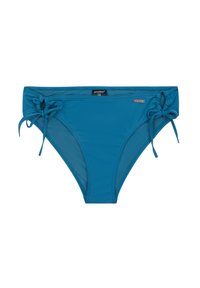 Bikini donji dio u tirkiznoj boji s podesivim bočnim vezicama, glatke teksture i kontrastnim šavovima. Sadrži oznaku sašivenu blizu struka.