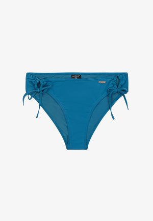 Bas de bikini turquoise avec liens latéraux ajustables, texture lisse et surpiqûres contrastées. Présente une étiquette cousue près de la taille.
