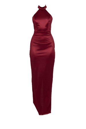 Burgundy satin halter neck maxi dress, fitted silhouette, smooth texture, knee-length slit, with a high neck and tapering waistline.