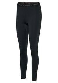 Leggings sportivi neri con un design aderente, realizzati in materiale elastico. Presentano una vita alta con logo e dettagli di cucitura.