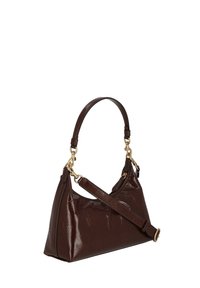 Dark brown leather handbag with gold hardware, dual straps including one adjustable shoulder strap, displayed against a white background.