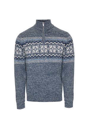 Blue knit sweater with white and navy snowflake pattern across chest, half-zip collar, and long sleeves.