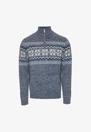Blue knit sweater with white and navy snowflake pattern across chest, half-zip collar, and long sleeves.