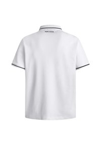 Biely pólový tričko z bavlnenej zmesi, s krátkymi rukávmi, s čiernymi akcentmi na golieri a manžetách, s logom "PEPE JEANS" na zadnej strane.