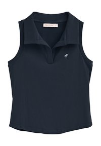 Ärmlös marinblå polotröja, ribbad struktur, klassisk krage, knappslå, med en liten vit logotyp på bröstet.