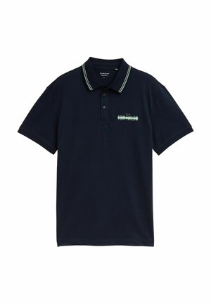 Marineblauwe poloshirt van katoen, met een drievoudige knoopsluiting, korte mouwen en contrasterende lichtgroene accenten op de kraag en mouwen.