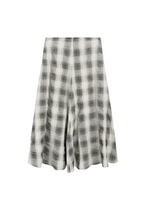Gray and white plaid wide-leg shorts in a lightweight fabric, featuring a loose fit and textured finish. Mid-rise waistband.