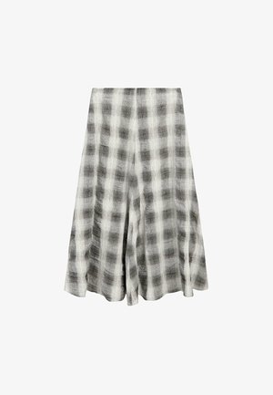 Šedobílé kostkované šortky s širokými nohavicemi vyrobené z lehké tkaniny, s volným střihem a texturovaným povrchem. Střední pás.