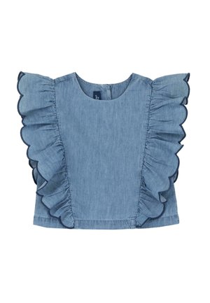 Haut en denim bleu clair avec un col rond et des manches volantées à bord festonné, affichant une texture lisse.