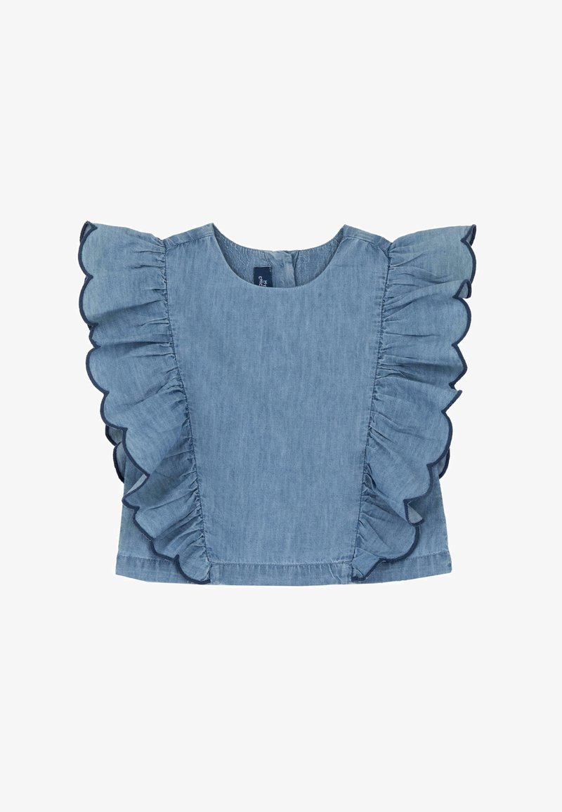 Haut en denim bleu clair avec un col rond et des manches volantées à bord festonné, affichant une texture lisse.