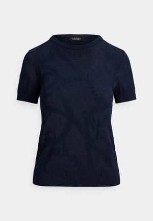 Top de malha azul-marinho de manga curta com um padrão abstrato texturizado. Apresenta um decote redondo e uma silhueta ajustada. Feito de um material liso.