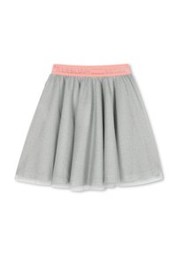 Jupe skater grise avec une finition texturée, taille élastique rose arborant le logo "BILLIEBLUSH" et un design en couches évasées.